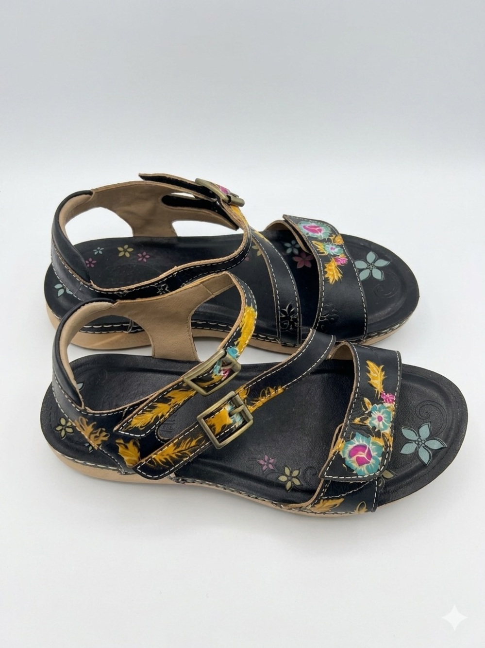 L’Artiste Black Floral Buckle Women's Sandals with Colorful Embroidery